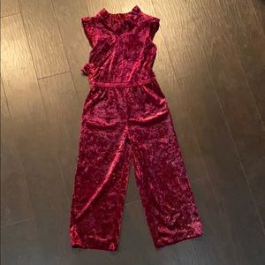Girls maroon crushed velvet sleeveless jumpsuit